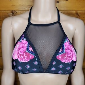 ❤️ 3/$15 OP beautiful swimsuit top spaghetti straps black w/ flowers Si…
